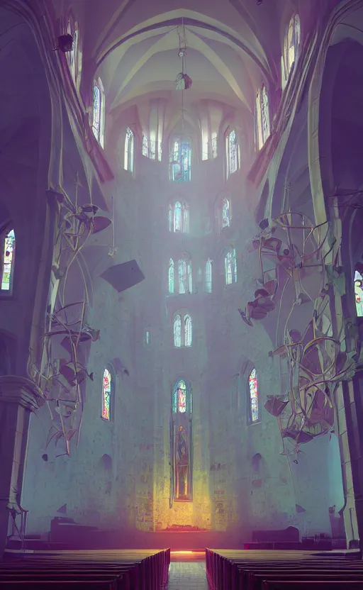 Image similar to Interior shot of a church by Petros Afshar and Beeple, James Gilleard, Mark Ryden, Wolfgang Lettl highly detailed