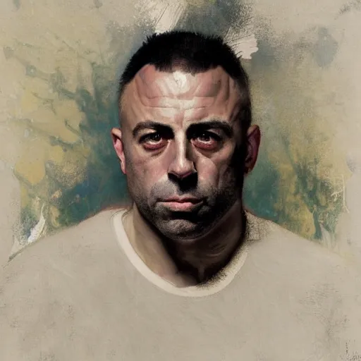 Image similar to hyperrealist portrait of joe rogan by jeremy mann and alphonse mucha, fantasy art, photo realistic, dynamic lighting, artstation, poster, volumetric lighting, very detailed faces, award winning