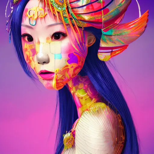 Prompt: japanese lady god, bright colors, fashion model, portrait shot, glitter, depth of field, 8 k, hyper detailed, intricate, trending on artstation