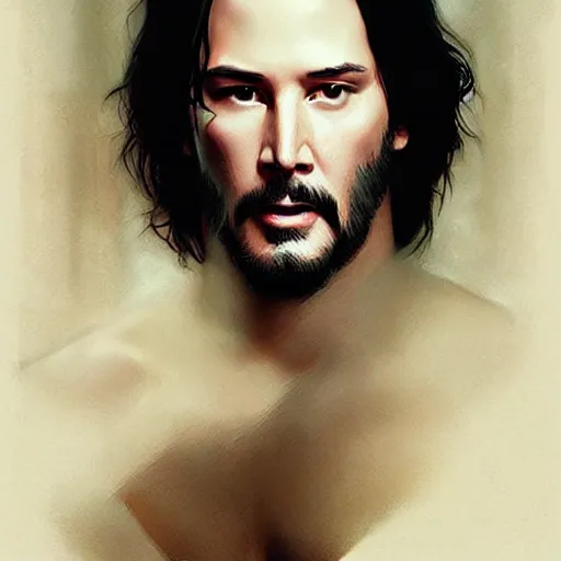 Image similar to beautiful striking Pre-Raphaelite Keanu Reeves by Artgerm and Greg Rutkowski, pale, intricate, elegant, highly detailed, digital painting