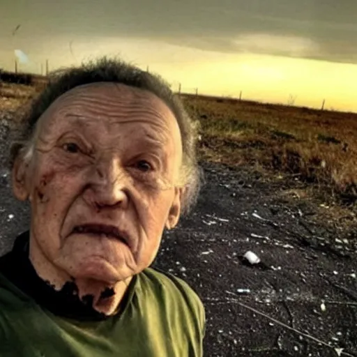 Image similar to last selfie of last alive ukrainian very damaged body to bones running from nuclear strike, a nuclear explosions in the background, dead bodies everywhere, 2 0 2 2