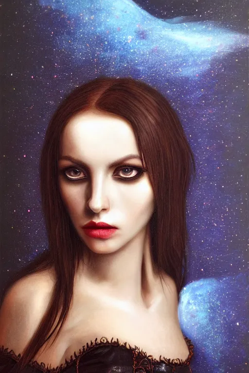 Image similar to hyperrealism oil painting, close - up portrait of european medieval brunette vampire fashion model, knight, steel gradient mixed with nebula sky, in style of baroque