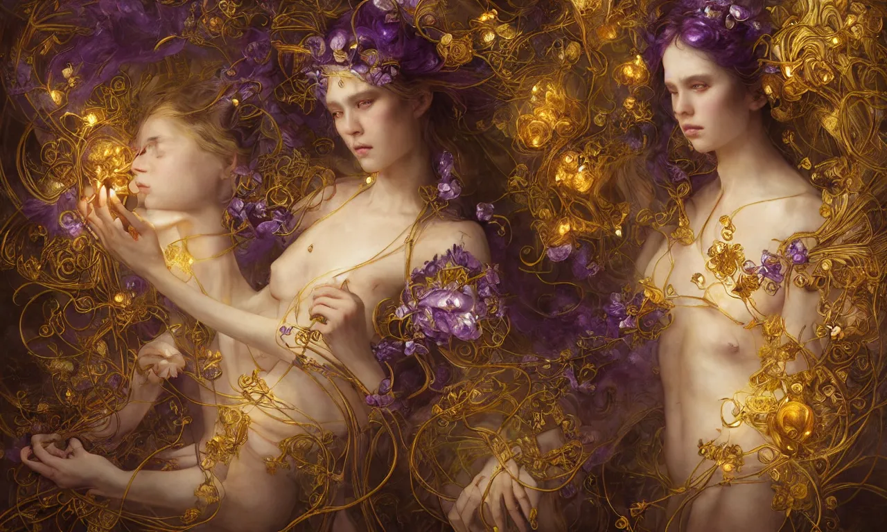 Prompt: ultra realist breathtaking detailed soft painting of a fairy queen with fire amethyst wings and golden ribbons, art nouveau golden flowers and ribbons floating around, rembrandt style, hyper detailed fire stained glass windows, concept art, matte, sharp focus by Tom Bagshaw, Miho Hirano and Greg Rutkowski, extremely moody lighting, 8K