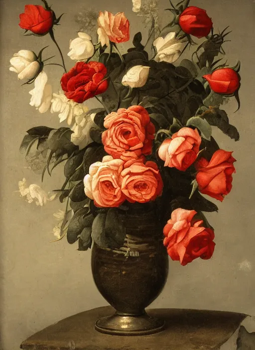 Image similar to detailed dutch still life painting of flowers and roses, sharp focus, dark background