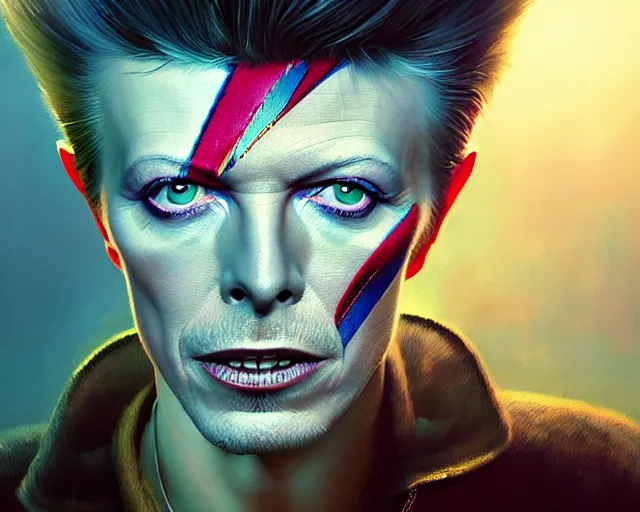 Prompt: highly detailed portrait of david bowie, in gorillaz, stephen bliss, unreal engine, fantasy art by greg rutkowski, loish, rhads, ferdinand knab, makoto shinkai and lois van baarle, ilya kuvshinov, rossdraws, tom bagshaw, global illumination, radiant light, detailed and intricate environment