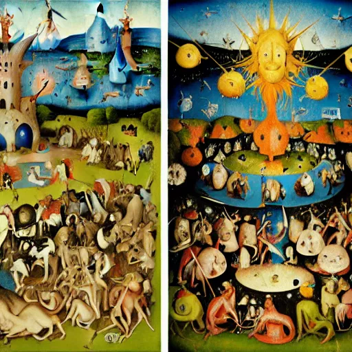 Image similar to garden of earthly delights by hieronymus bosch, animated in the style of pendleton ward, adventure time, bright and colorful