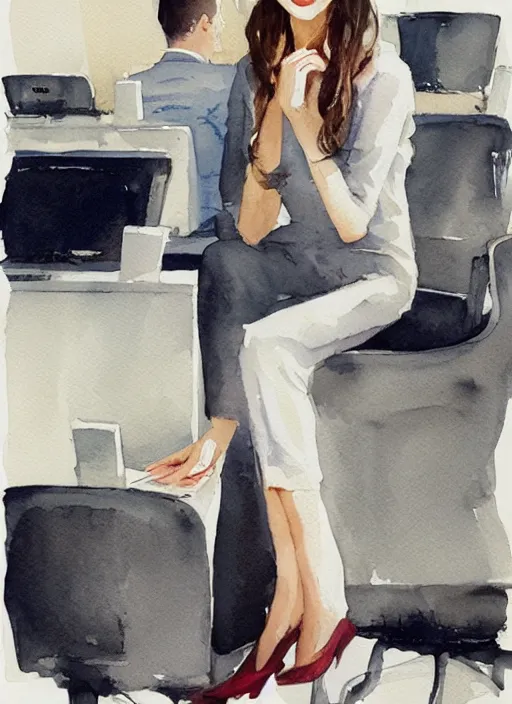 Prompt: concept art of a modern office life, business woman, pinterest, artstation trending, behance, watercolor, by coby whitmore, silver, laser light,