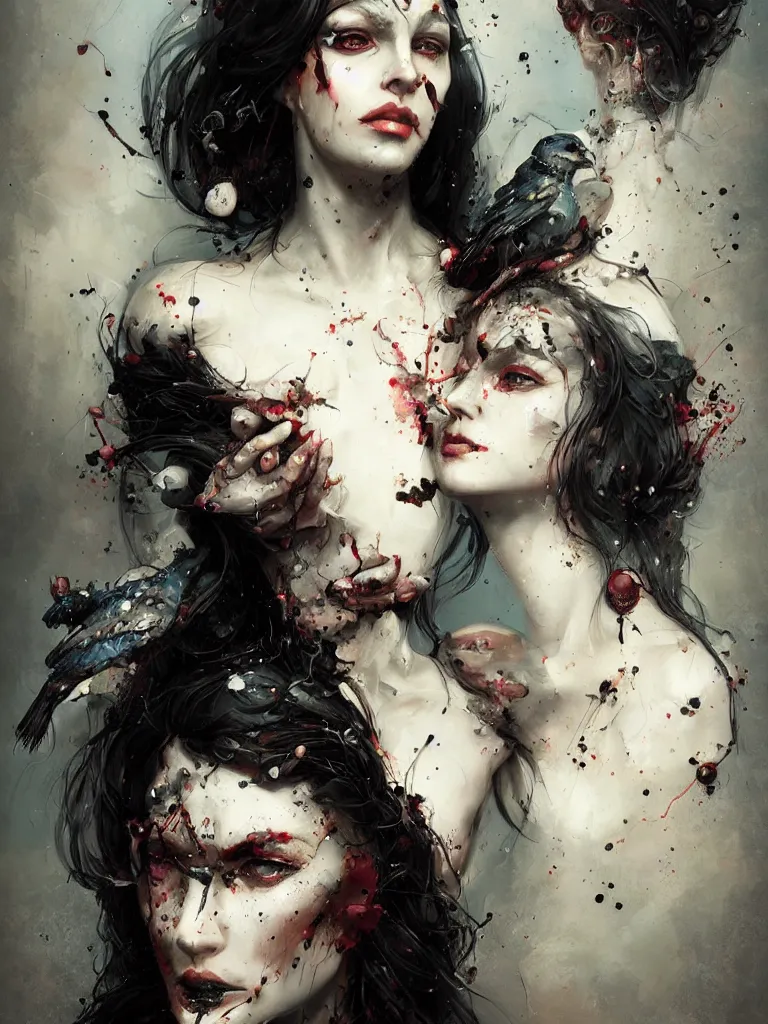 Image similar to a splatterpunk portrait of a gorgeous clone and her maker with jet black hair with one white strand, with thin lips, with a hawk pearched on her shoulderhyperrealistic, award-winning, masterpiece, in the style of Tom Bagshaw, Cedric Peyravernay, Peter Mohrbacher