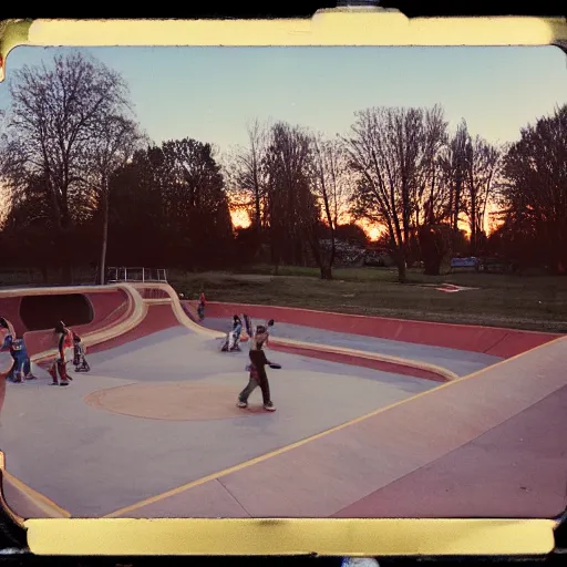 Image similar to a 1 9 9 0's photograph of a skatepark in a small town at dusk, polaroid, candid photography