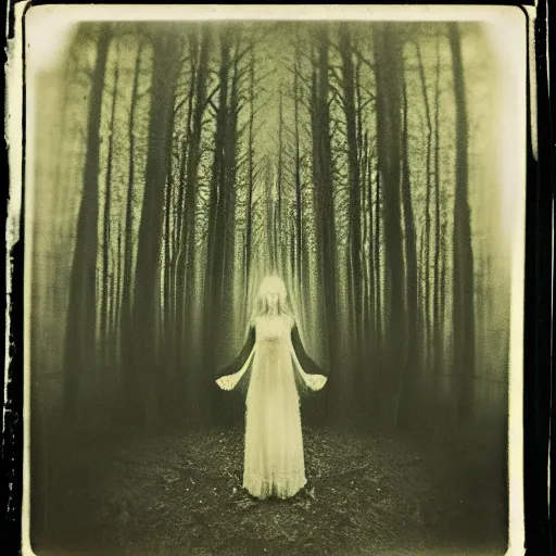 Image similar to an ancient evil-girl on a mysterious fractal forest devouring the human souls, mist, 1910 polaroid photography, grainy film, Black and white