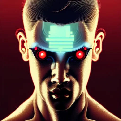 Image similar to man with extremely large and intricate haircut with angry red eyes and slim features looking askance, eye cyberpunk bionics, retro futurist style, intricate, elegant gleaming intricate baroque jewelry, angelic halo, highly detailed, digital painting, artstation, concept art, smooth, sharp focus, illustration, art by wlop, mars ravelo and greg rutkowski,