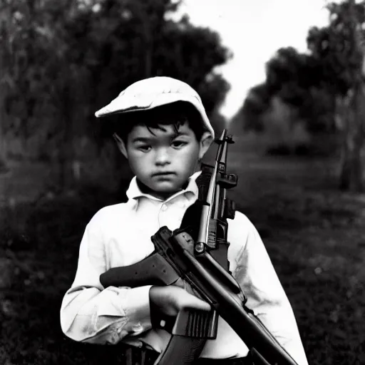 Image similar to a portrait of a young boy carrying a AK-47 rifle by Ansel Adams