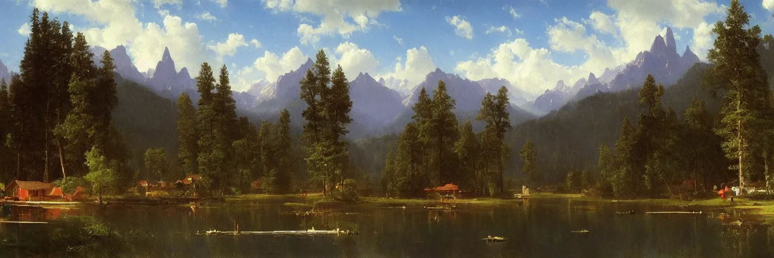 Image similar to beautiful albert bierstadt landscape painting of beautiful mountains and lakes with a mcdonald ’ s fast food restaurant in the scene