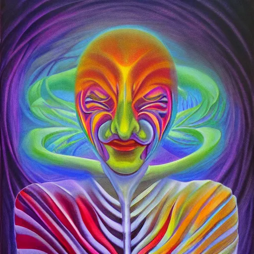 Image similar to painting a jester made of energy and light in a dense foggy forest by Alex Grey, acrylic art, ethereal, soothing, somber, elegant, warm light, cozy, glows,