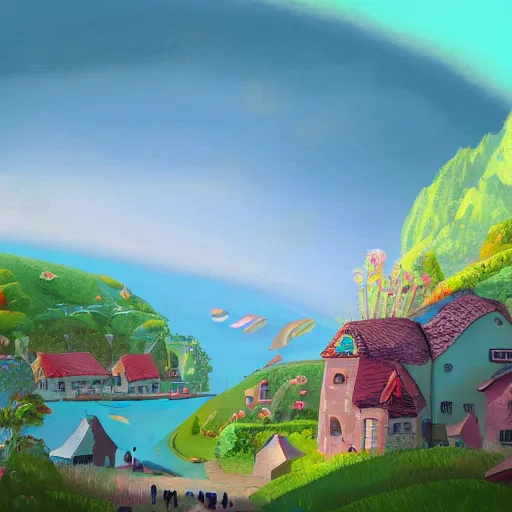 Prompt: illustration of an happy village in a beautiful landscape of Ocean and Lush by Philipsue trendy on artstation