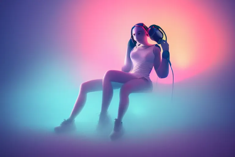 Image similar to a cute girl wearing headphones sitting on a cloud relaxing, misty, glows, digital art, hazy, foggy, ambient lighting, 8 k, neon, synthwave,