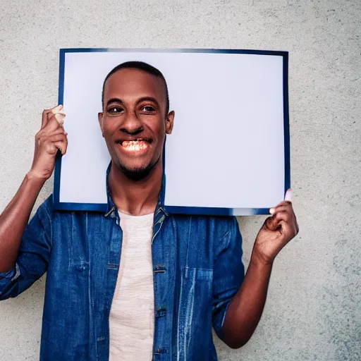 Prompt: man holding a sign that says “ thanks tobi ”, madly grinning, studio light