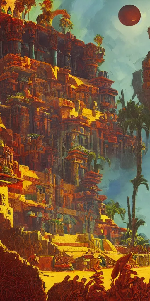 Image similar to palace of the aztec queen!!! a highly detailed cinematic oil painting by roger dean and alena aenami, dynamic lighting