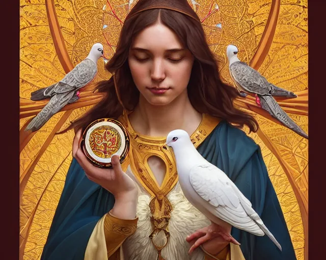 Image similar to the holy spirit as a dove, photography of kurzgesagt, deep focus, d & d, fantasy, intricate, elegant, highly detailed, digital painting, artstation, concept art, matte, sharp focus, illustration, hearthstone, art by artgerm and greg rutkowski and alphonse mucha