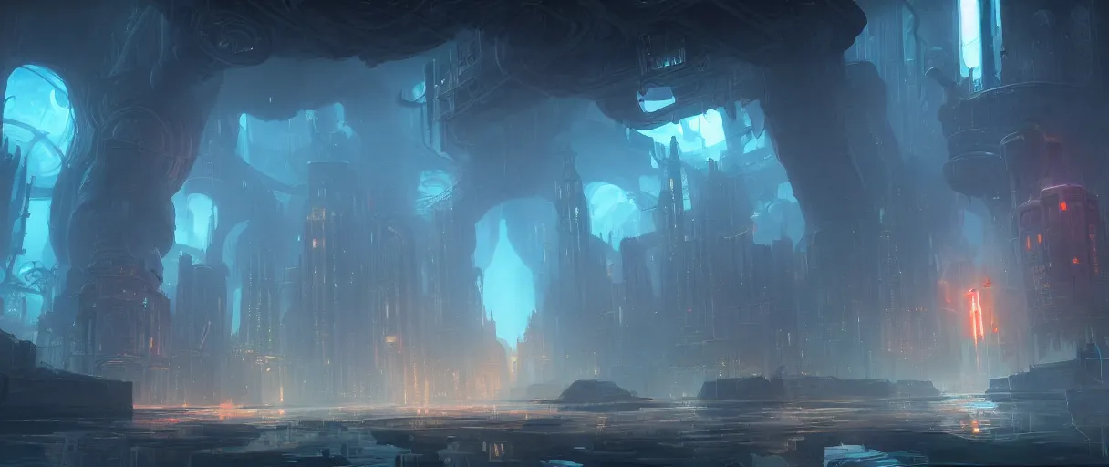 Image similar to digital painting of an underwater dystopian city, rapture from bio shock, style of Ralph Mcquarrie, concept art, high angle, high detail, cold lighting, dark, vivid, beautiful, caustics, trending on artstation, by Jordan grimmer, no focus, huge scene