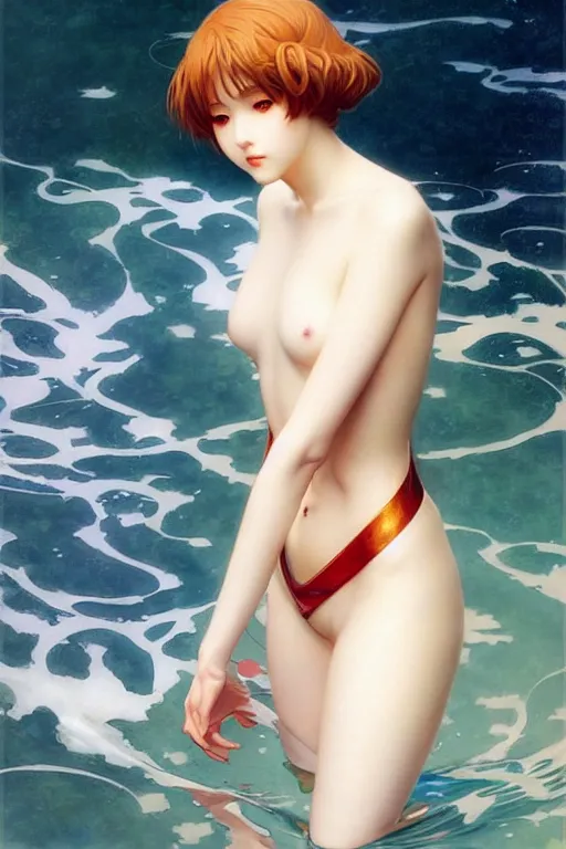 Prompt: a beautiful ayanami rei wearing a plugsuit emerging from the water, oil on canvas, sensuality, artstation, by j. c. leyendecker and edmund blair leighton and charlie bowater, instagram photo