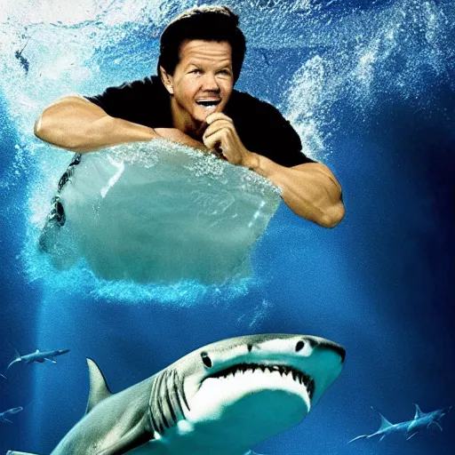 Image similar to mark wahlberg in a shark costume diving under water during shark week.