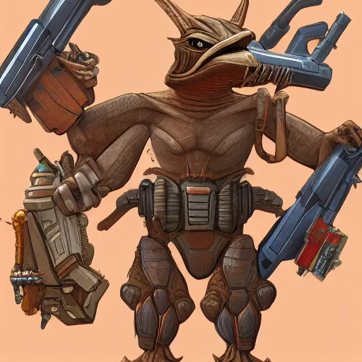 Image similar to gungan with lots of guns and gains, concept art, artstation trending