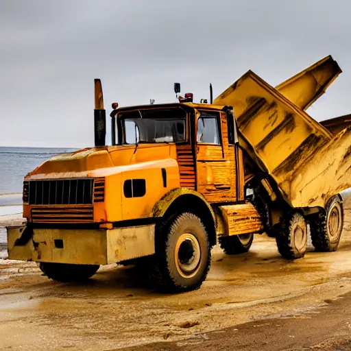 Image similar to a mining dump truck chilling on the beach, sunset