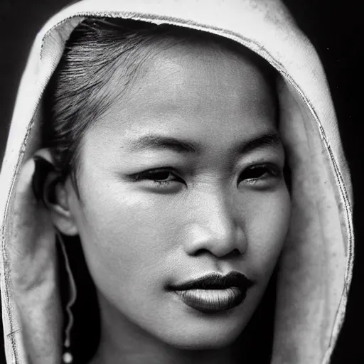 Prompt: black and white vogue closeup portrait by herb ritts of a beautiful female model, cambodian, high contrast