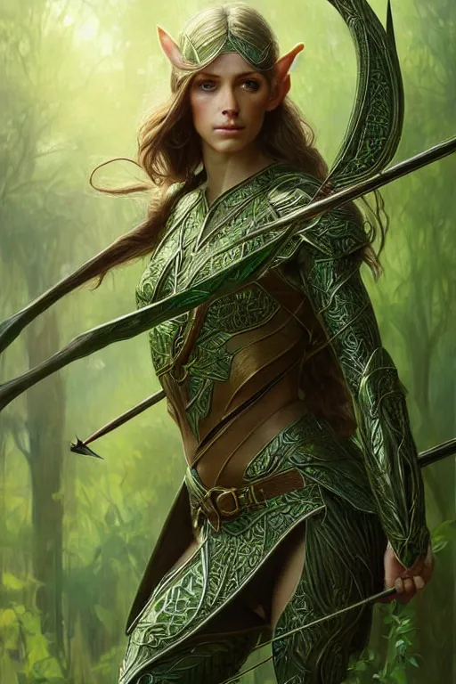 Image similar to male elven Archer armor made of green leaves, fantasy, amber eyes, face, long hair, intricate, elegant, highly detailed, digital painting, artstation, concept art, smooth, sharp focus, illustration, art by artgerm and greg rutkowski and alphonse mucha