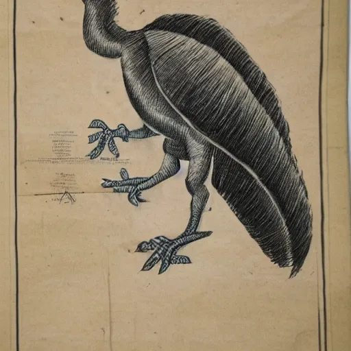 Image similar to vintage parchment with a sketch of a feathered dinosaur with full descriptions, 8K, HD, highly detailed, high quality