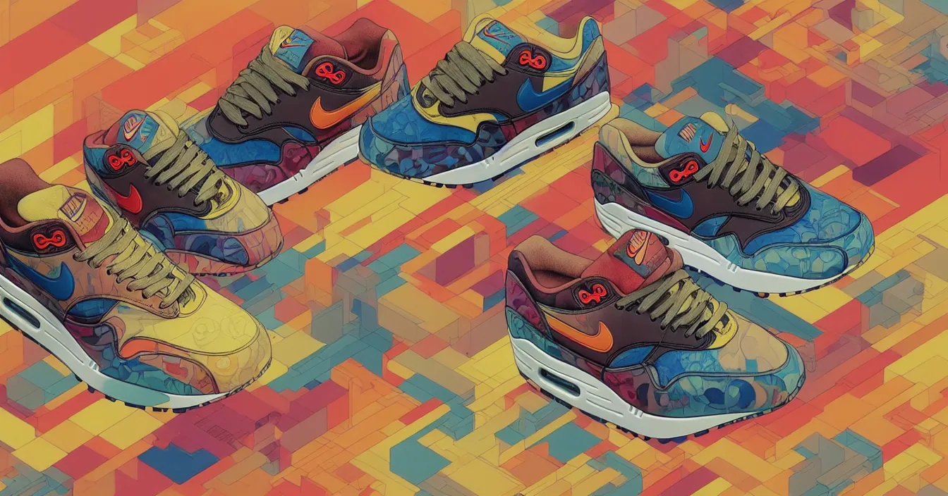 Image similar to excellent painted isometric view of nike air max 1 in foreground, high quality masterpiece painted, patterned background, 4k, trending on artstation, octane render, art by James Jean and artgerm and greg rutkowski and alphonse mucha and craig mullins and James Jean and Andrei Riabovitchev and Marc Simonetti and peter mohrbacher