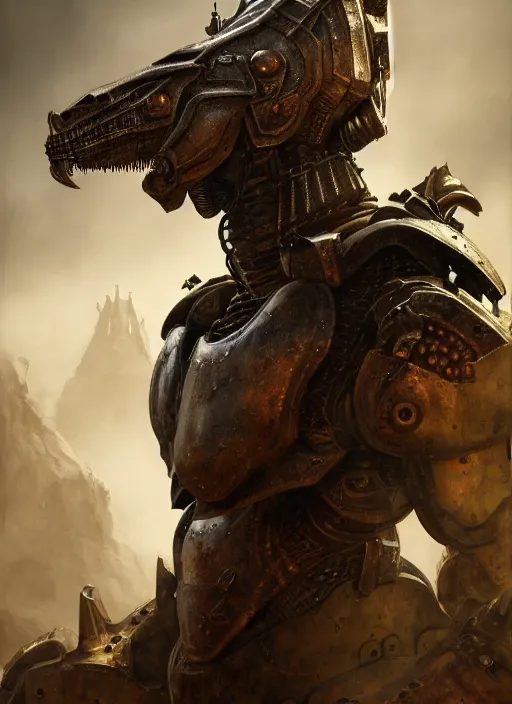 Image similar to hyperrealistic mixed media portrait of a Warhammer Gorr armored warrior creature, stunning 3d render inspired art by Michael Parkes + dim volumetric lighting, 8k octane beautifully detailed render, post-processing, extremely hyperdetailed, intricate, epic composition, grim yet sparkling atmosphere, cinematic lighting + masterpiece, trending on artstation