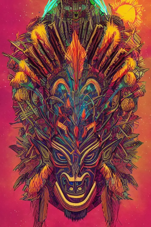 Image similar to totem animal tribal chaman vodoo mask feather gemstone plant video game illustration vivid color borderlands and by feng zhu and laurie greasley, victo ngai, andreas rocha, john harris radiating a glowing aura