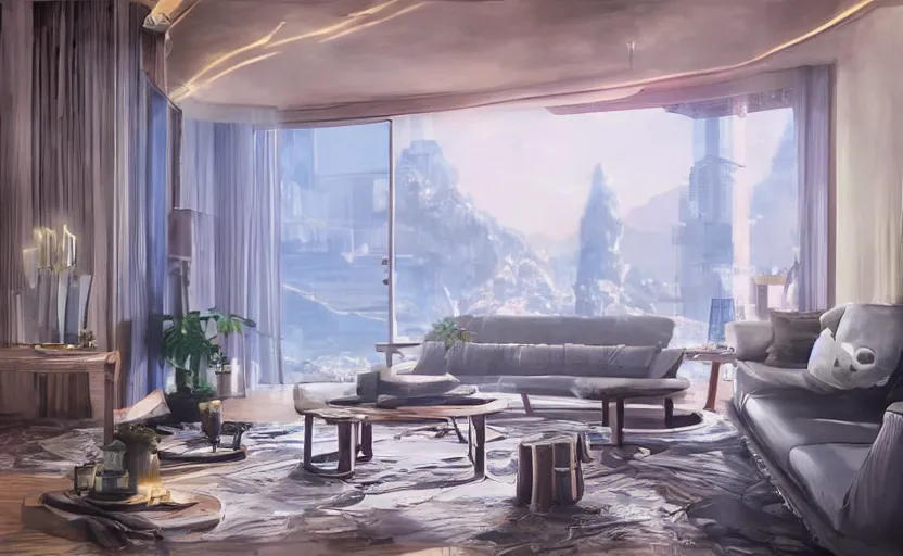 Prompt: a luxury condo interior on an alien moon by studio ghibli animated film, global illumination, beautiful composition, volumetric lighting, octane render by alena aenami, highly detailed