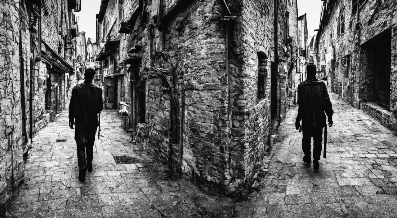 Image similar to a photo of a cyberpunk man walking in a medival village, the photo was taken from the ground looking up at the man's back, ultra high detail.