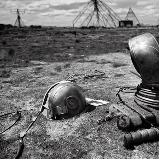 Image similar to wide angle photo of viking wearing space suit helmet and viking armor working on the antigravity gun ancient device, tools and junk on the ground,wires and lights, old village in the distance, vintage old photo, black and white, sepia