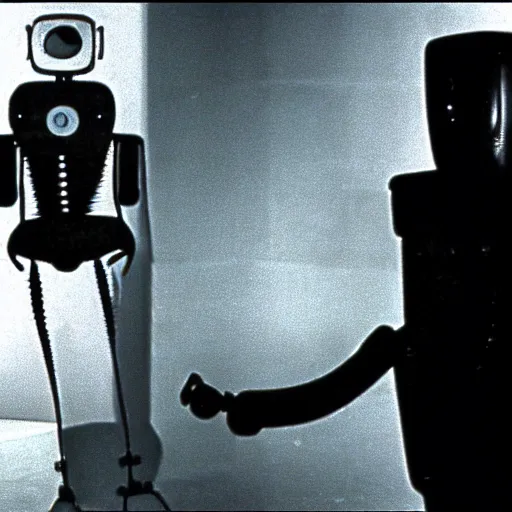 Image similar to a man and a robot in a moment of jealousy, movie still, Movie by Andrzej Zulawski and David Lynch