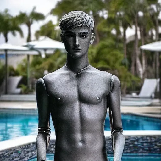 Image similar to “a realistic detailed photo of a guy who is an attractive humanoid who is half robot and half humanoid, who is a male android, twitch streamer Ninja Tyler Blevins, shiny skin, posing like a statue, blank stare, by the pool as a pool boy , display”