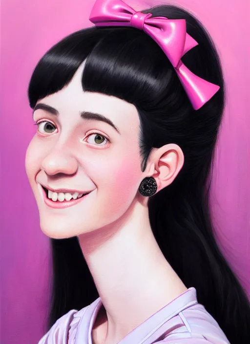 Image similar to portrait of high school girl, realistic, black hair, bangs, half updo hairstyle, pointy nose, skinny, smile, ugly, defined jawline, big chin, pink hair bow, earrings, intricate, elegant, glowing lights, highly detailed, digital painting, artstation, sharp focus, illustration, art by wlop, mars ravelo and greg rutkowski