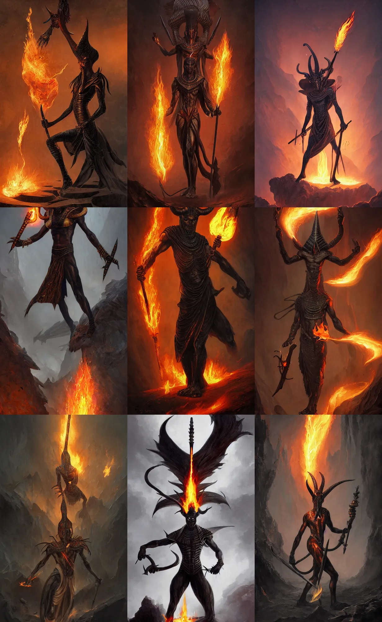 Prompt: black skinny corpse egyptian god with horns holding flaming sword, full body shot, lava, moody, dark, highly detailed, digital painting, artstation, concept art, sharp focus, illustration, orientalism, art by aleksi briclot and mohrbacher and raphael lacoste and magali villeneuve