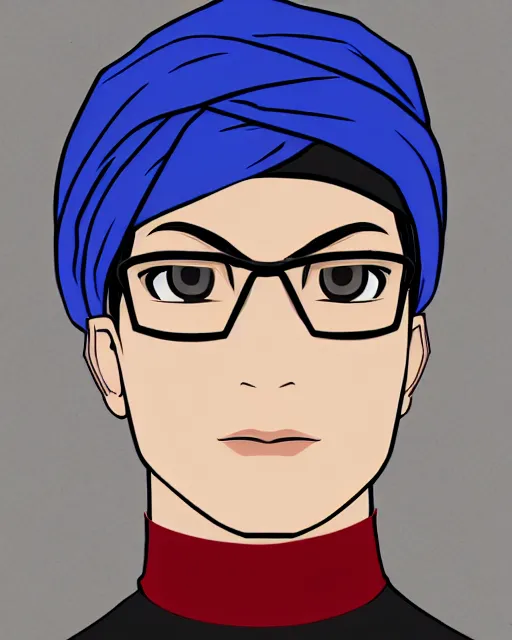 Image similar to A young man wearing a blue turban, beardless, shaven face, middle-eastern, in the style of Persona 5, Persona 5, Persona 5 artwork