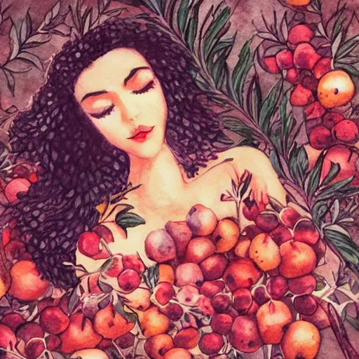 Image similar to Persephone surrounded by pomegranates, beautiful, elegant, watercolor, render, trending on artstation