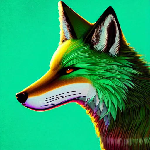 Prompt: digital green fox, retrowave palette, digital world, highly detailed, electric breeze, anatomically correct vulpine, synth feel, fluffy face, ear floof, flowing fur, super realism, accurate animal imagery, 4 k digital art