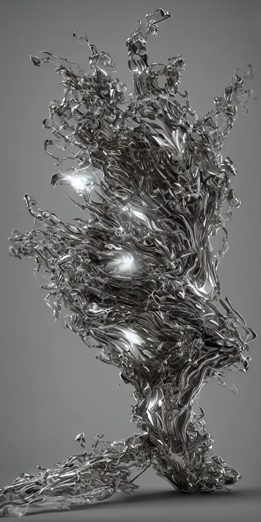 Prompt: 3 d render of an organic sculpture, chrometype, liquid metal, neotribal, raytraced, volumetric lightning, 8 k, by yhelong xu and innate studio