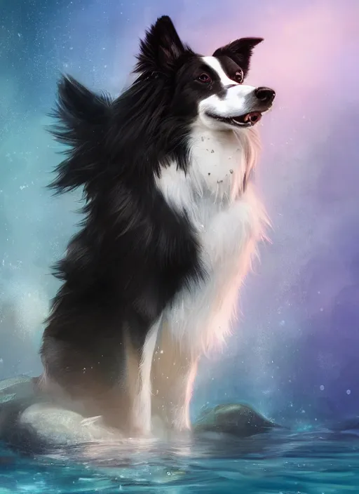 Prompt: beautiful wide angle full body portrait of a cute male anthropomorphic anthro border collie fursona wearing an evening gown underwater, character design by charlie bowater, henry asencio, and ross tran, scenic background, detailed, glamor pose, aesthetic, furry, trending on artstation, furaffinity, deviantart