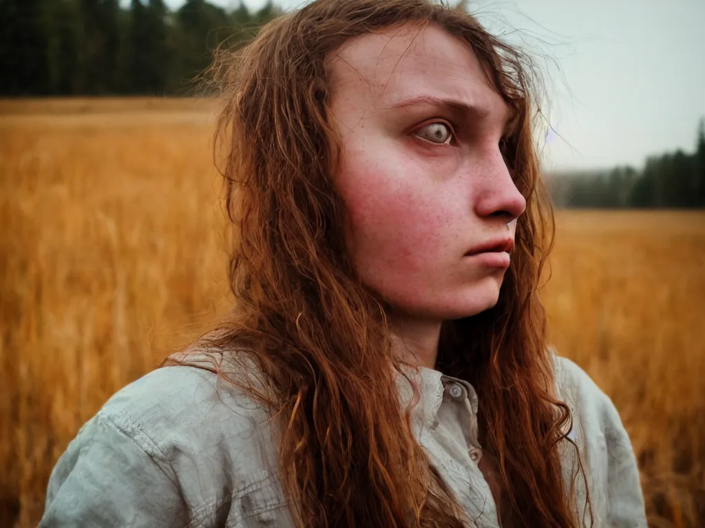Image similar to medium shot portrait bust of young woman sitting on fence, tired expression, faded color film, russian cinema, tarkovsky, technicolor, heavy forest, wood cabin in distance, shallow depth of field, long brown hair, old clothing, heavy fog, brown color palette, sunset, low light, hudson river school, 4 k, dramatic lighting