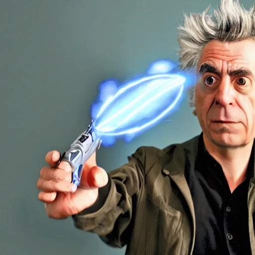 Image similar to Rick Sanchez as a real-life person, studio portrait, real-life-action movie star, holding a portal gun, opening a portal, Rick Sanchez