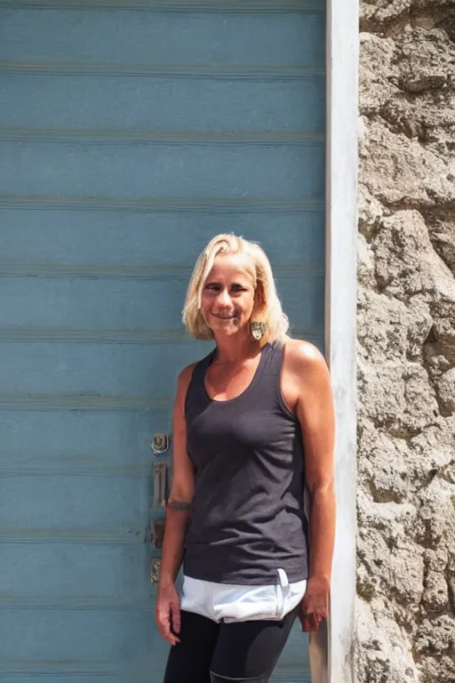 Image similar to photographic portrait of a blonde woman, 40 years old, brown sun tanned skin, tattoos down left arm and back, wearing a charcoal vest top, white shorts and hiking boots, stood in sunshine in front of a door