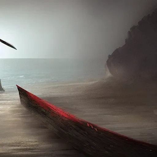 Image similar to “ a foggy beach, a roman in a red tunic holds a gladius sword at his side while looking at debris of a roman trireme ” dark fantasy, cinematic, very detailed, mist, volumetric lighting, golden ratio, vivid, trending on artstation, 4 k matte painting,